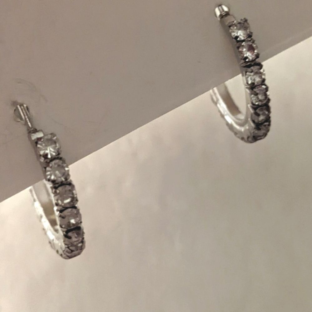 Silver Rhinestone Hoop Earrings Small - Picture 6 of 8